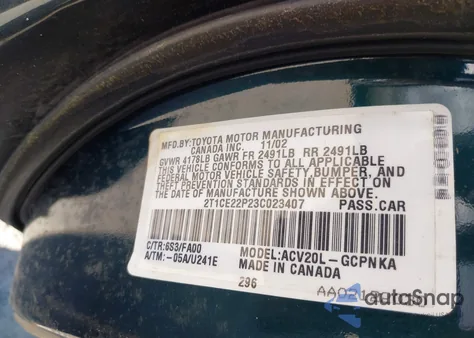 2003 Toyota Camry Solara Se z USA, uszkodzony, nr VIN 2T1CE22P23C023407